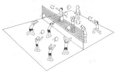 desenho de crianças jogando o voleibol com balalões.