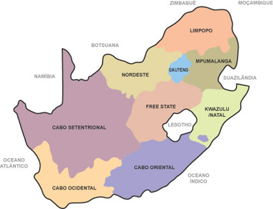 Mapa da África do Sul - Divisão em Províncias