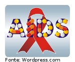 imagem da palavra AIDS preenchido por comprimidos, símbolo do coquetel de anti-retrovirais.