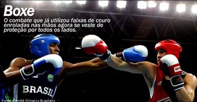 Imagem de dois pugilistas em competição.
<br>
<br>
Palavras-chave: esporte, Olimpíada, luta, boxe.