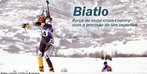 Imagem de um atleta da modalidade biatlo com seus esquis na mão. <br><br> Palavras-chave: esporte, esportes de inverno, biatlo.