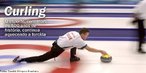 Imagem de um alteta de curling no momento de lançamento da pedra. <br><br> Palavras-chave: esporte, esportes de inverno, curling.