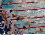 Chegada dos competidores no bloco em uma prova de natação. <br> <br> Palavras-chave: esporte, natação, piscina.