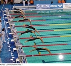 Imagem da saída do bloco para a prova de natação. <br> <br> Palavras-chave: esporte, natação, piscina.