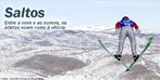 Imagem de um atleta da modalidade esqui saltos, saltando da plataforma. <br><br> Palavras-chave: esporte, esportes de inverno, esqui saltos.