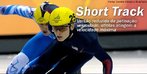 Imagem de dois atletas na disputa do shorttrack <br><br> Palavras-chave: esporte, esportes de inverno, shorttrack. 